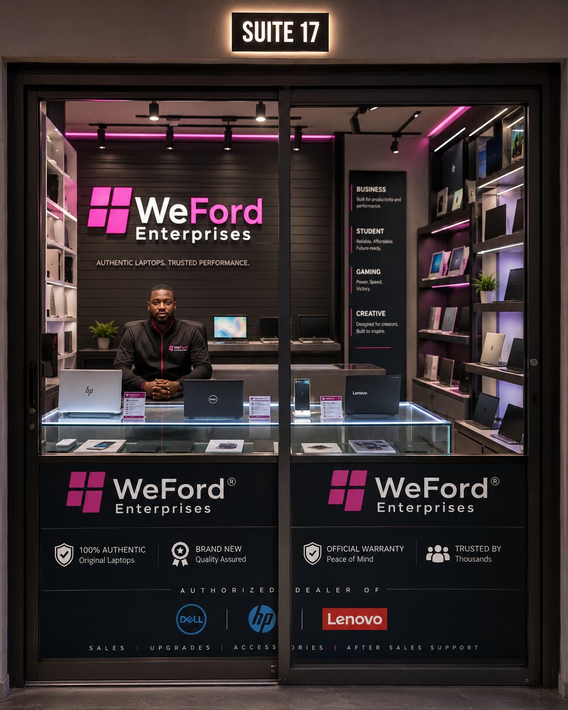 WeFord Enterprise head office storefront at His Grace Plaza Suite 17, with laptop display cases and authorised dealer signage for Dell, HP and Lenovo